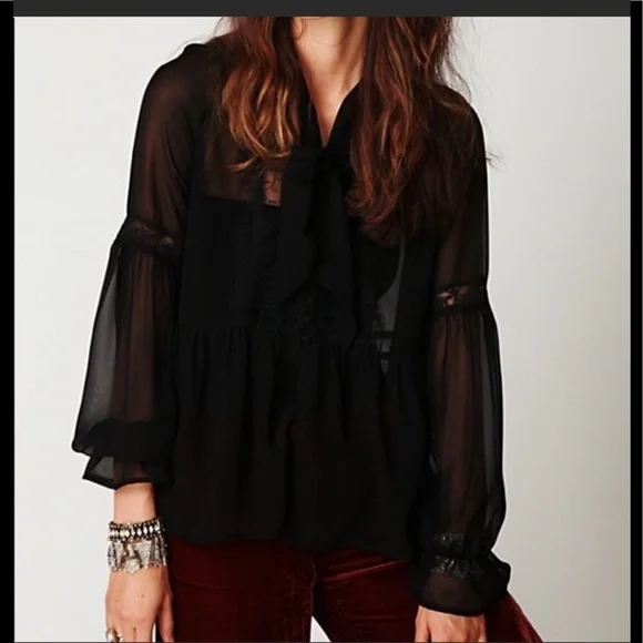 10. Free People Black Sheer Peasant Neck Tie Blouse S - Picture 7 of 8